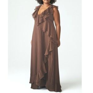 Light In The Box Brown Ruffle Chiffon Maxi Dress – Sleeveless V-Neck – NWT